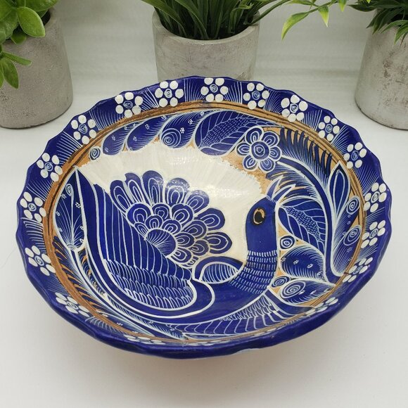 Vintage Hand Painted Mexican Talavera Blue Bird Art Pottery Dish 7.5" - Picture 4 of 8